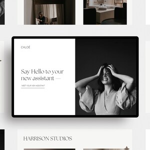 May include: A black and white photo of a woman smiling with her hands in her hair. The text "Say Hello to your new assistant" is displayed on a white background. The text "MEET YOUR NEW ASSISTANT" is displayed below the first line of text. The text "CHLOÉ" is displayed in the top left corner of the image. The text "HARRISON STUDIOS" is displayed in the bottom center of the image.