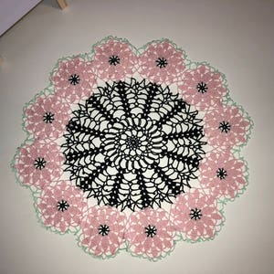 Round Black Pink Mint Lace Topper, round crochet doily, handmade doily, wedding doily, crochet table decoration, crochet item.