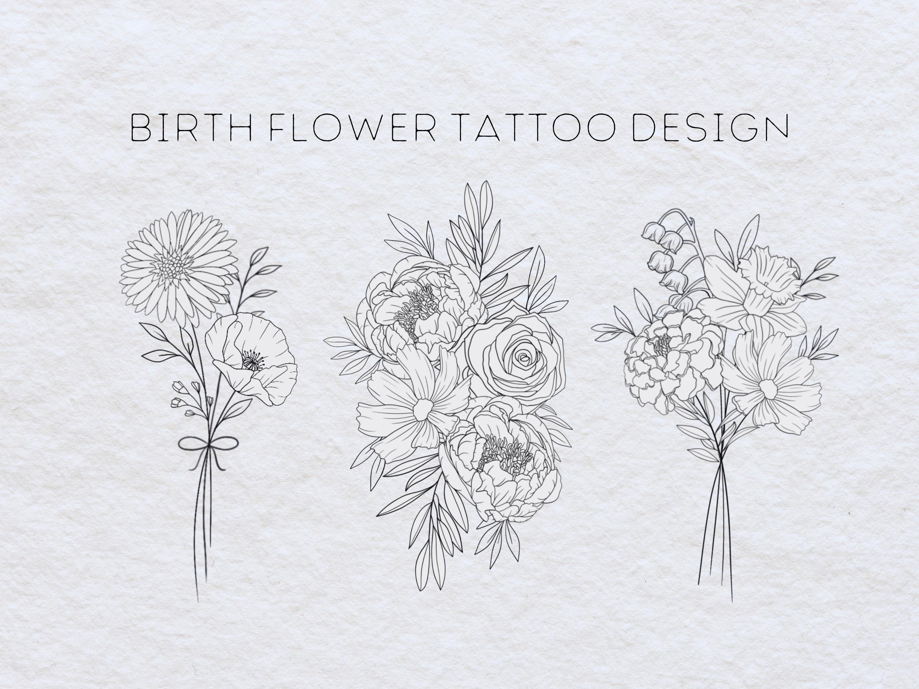 Fine Line Birth Flower Bouquet Tattoo