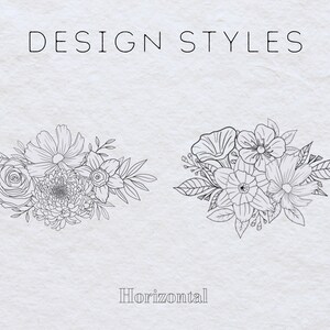 May include: Two black and white line drawings of floral bouquets. The bouquets are arranged horizontally. The text "DESIGN STYLES" is at the top of the image and the text "Horizontal" is at the bottom of the image.