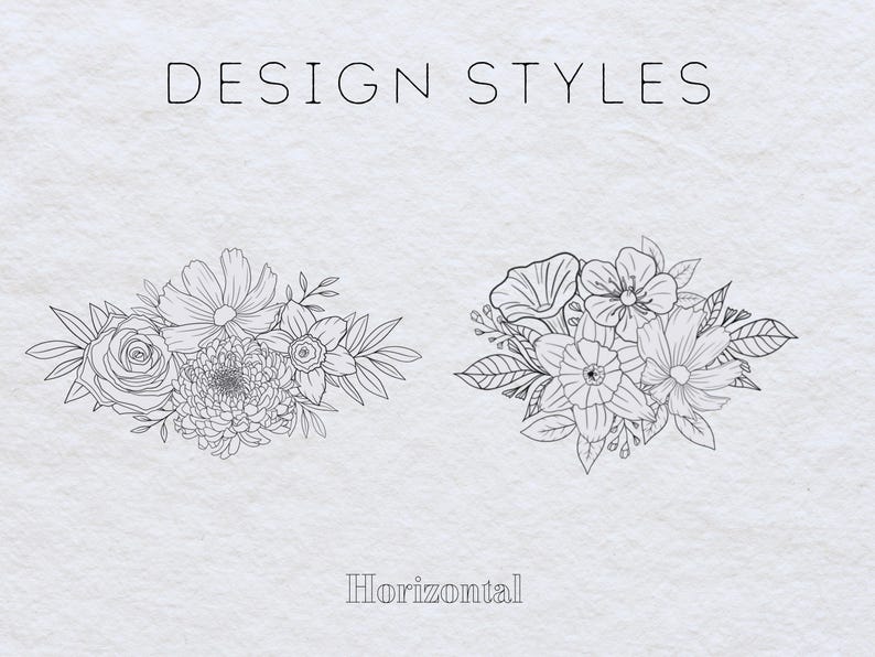 May include: Two black and white line drawings of floral bouquets. The bouquets are arranged horizontally. The text "DESIGN STYLES" is at the top of the image and the text "Horizontal" is at the bottom of the image.