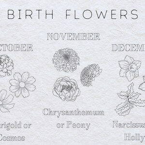 May include: A chart showing birth flowers for each month. October: Marigold or Cosmos. November: Chrysanthemum or Peony. December: Narcissus or Holly.