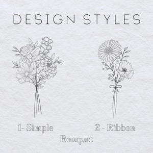 May include: Two line drawings of flower bouquets, one labeled "1-Simple Bouquet" and the other labeled "2-Ribbon Bouquet".