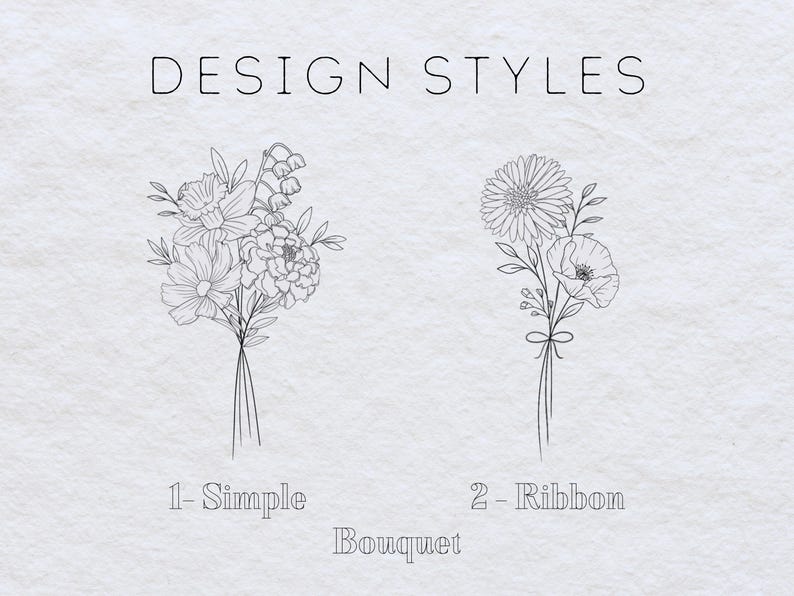 May include: Two line drawings of flower bouquets, one labeled "1-Simple Bouquet" and the other labeled "2-Ribbon Bouquet".