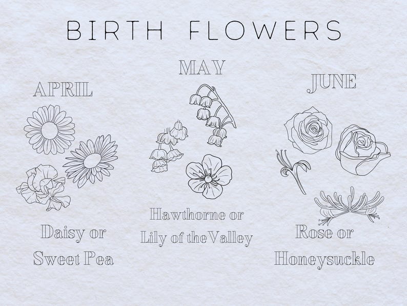 May include: A black and white illustration of birth flowers for each month. April: Daisy or Sweet Pea. May: Hawthorn or Lily of the Valley. June: Rose or Honeysuckle.
