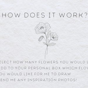 May include: How to order custom flower drawings. Select the number of flowers you want, add them to your personal box, and send inspiration photos.