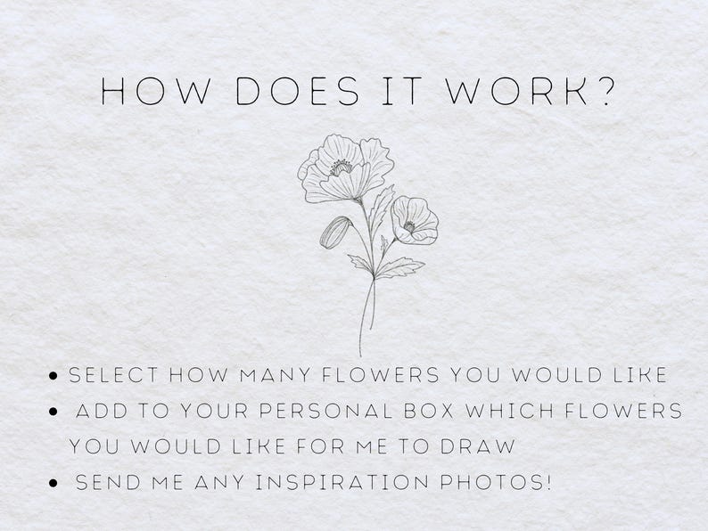May include: How to order custom flower drawings. Select the number of flowers you want, add them to your personal box, and send inspiration photos.