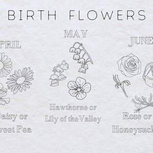 May include: A chart showing birth flowers for the months of April, May, and June. April's birth flower is the daisy or sweet pea. May's birth flower is the hawthorne or lily of the valley. June's birth flower is the rose or honeysuckle.