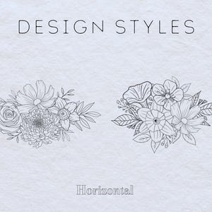 May include: Two black and white line drawings of floral bouquets. The bouquets are arranged horizontally. The text "DESIGN STYLES" is at the top of the image and the text "Horizontal" is at the bottom of the image.