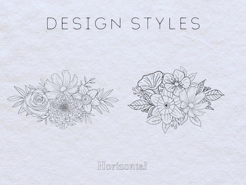 May include: Two black and white line drawings of floral bouquets. The bouquets are arranged horizontally. The text "DESIGN STYLES" is at the top of the image and the text "Horizontal" is at the bottom of the image.