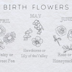 May include: A chart showing birth flowers for the months of April, May, and June. April's birth flower is the daisy or sweet pea. May's birth flower is the hawthorne or lily of the valley. June's birth flower is the rose or honeysuckle.
