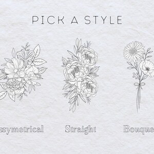 May include: Three different floral arrangements, labeled "Asymmetrical", "Straight", and "Bouquet". Each arrangement features a different style of flowers and leaves.