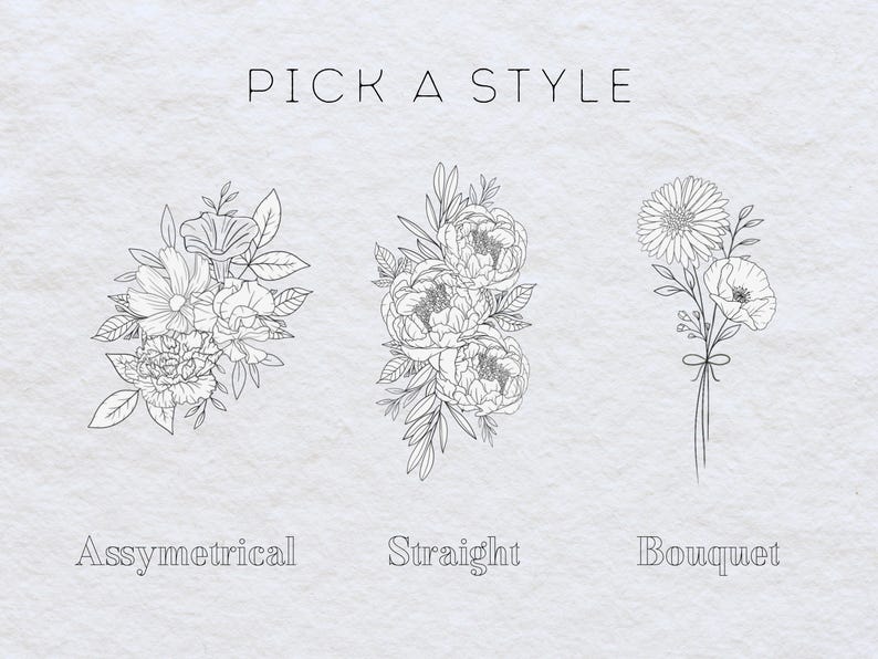 May include: Three different floral arrangements, labeled "Asymmetrical", "Straight", and "Bouquet". Each arrangement features a different style of flowers and leaves.