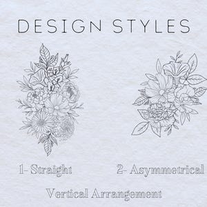 May include: Two black and white line drawings of floral arrangements. The first arrangement is labeled "1-Straight" and the second arrangement is labeled "2-Asymmetrical". Both arrangements are labeled "Vertical Arrangement".