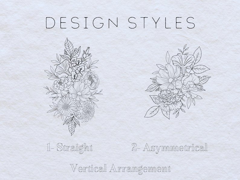 May include: Two black and white line drawings of floral arrangements. The first arrangement is labeled "1-Straight" and the second arrangement is labeled "2-Asymmetrical". Both arrangements are labeled "Vertical Arrangement".