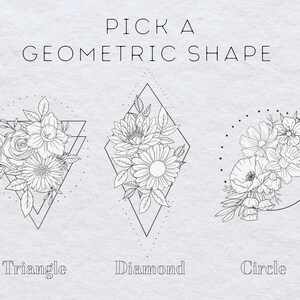 May include: A black and white line drawing illustration of three geometric shapes: a triangle, a diamond, and a circle. Each shape is filled with a different floral arrangement.