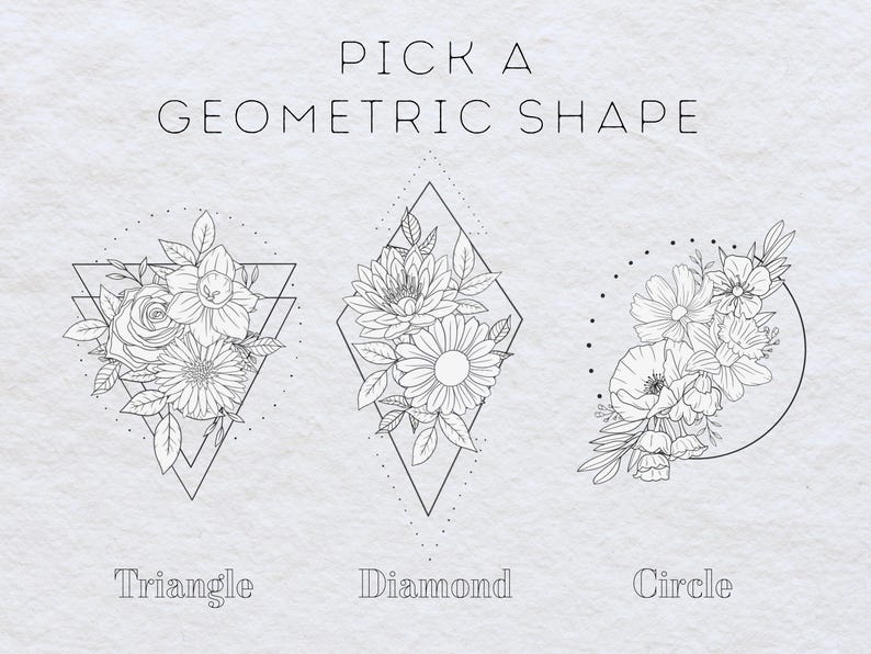 May include: A black and white line drawing illustration of three geometric shapes: a triangle, a diamond, and a circle. Each shape is filled with a different floral arrangement.