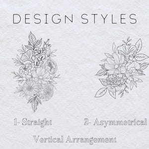 May include: Two black and white line drawings of floral arrangements. The first arrangement is labeled "1-Straight" and the second arrangement is labeled "2-Asymmetrical". Both arrangements are labeled "Vertical Arrangement".