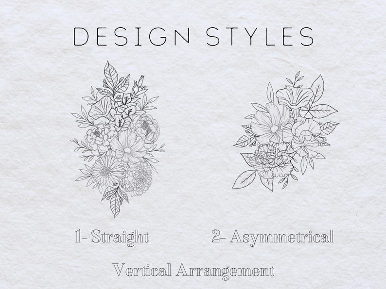 May include: Two black and white line drawings of floral arrangements. The first arrangement is labeled "1-Straight" and the second arrangement is labeled "2-Asymmetrical". Both arrangements are labeled "Vertical Arrangement".