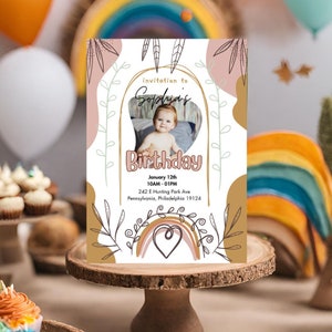 Digital Birthday Invitation Download Customizable Boho Style DIY Birthday Party Event Invitation Personalized Baby Shower Canva Template