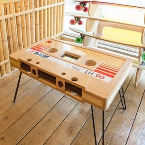 CASSETTE TAPE End Plywood Coffee TABLE With Metal Legs - Cassette Home Décor Audio Tape Wood Furniture Table