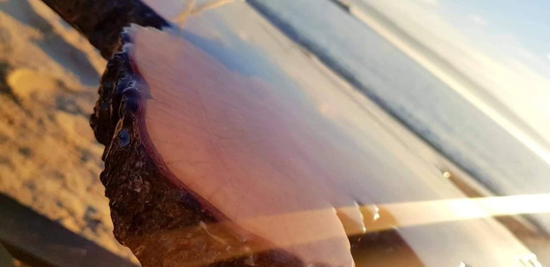 May include: A close-up of a wooden table top with a clear epoxy resin finish. The resin has a light blue and pink hue, creating a unique and beautiful effect. The wood is a dark brown color and has a natural grain pattern.