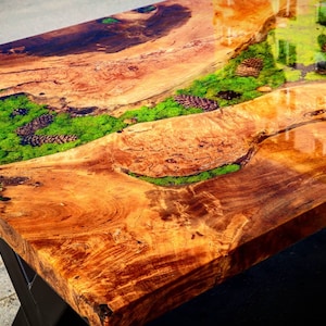 Forest Tables, Dining Tables, Nature Tables, Epoxy Resin Tables, Rectangular Tables, White Poplar Tables, Moss, Cones, Snail Shells Tables