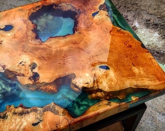 Coffee Tables, Dining Tables, Nature Tables, Resin Tables, Square Tables, Tumor bloody maple, Glowing in dark blue "lakes", Epoxy resin