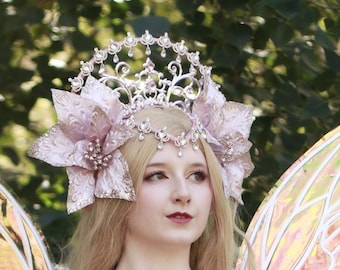 Pink and silver fairy crown headpiece.  Pink large flower halo headpiece.  Dusty pink and silver elevated halo crown.