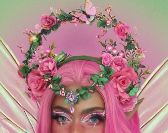 Pink fairy flower headpiece.  Pink Spring Goddess halo headpiece. Floral halo headdress. Pink flower crown with elevated halo.