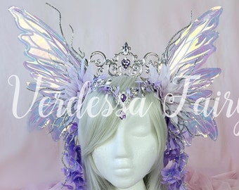 Purple Fairy Queen wings headdress.  Realistic fairy wings headdress. Fantasy Fairy wedding headdress.