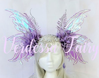 Purple Fairy Queen wings headdress.  Glow in the dark, realistic fairy wings headdress. Fantasy Fairy wedding headdress.
