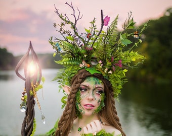 Mother Earth Goddess headdress. Branch forest headpiece. Green jungle headdress with butterflies. Foliage leaf headpiece.