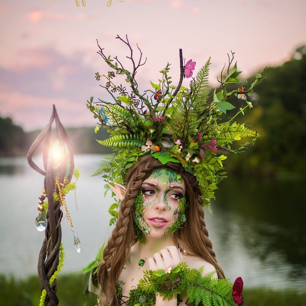 Mother Earth Goddess headdress. Branch forest headpiece. Green jungle headdress with butterflies. Foliage leaf headpiece.