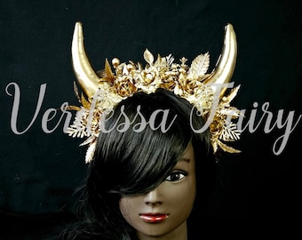 Gold Taurus headpiece.  Gold Viking horns headpiece. Gold bull horns headpiece.