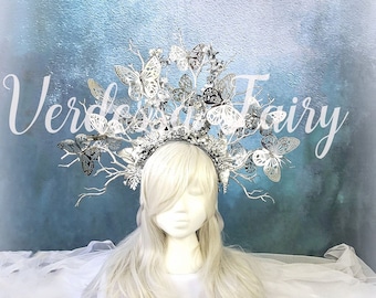 Silver butterfly headdress. Silver branch headdress. Winter goddess headpiece. Fairy Queen crown. MET Gala headpiece.