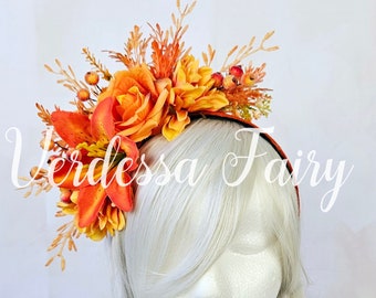 Orange flower fascinator headband.  Orange floral headpiece. Autumn fairy crown. Harmony Day headband