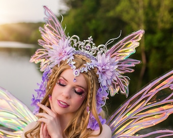 Purple Fairy Queen realistic wings headdress.  Fantasy ball headdress.