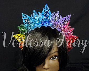 Bright Rainbow crown tiara. Metal lace filigree crown. Rainbow Queen Headpiece. Jewel Queen Tiara. Fairy Princess crown.