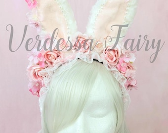 Kawaii / Coquette Easter bunny ears headband.  Easter headpiece.  White bunny rabbit headpiece.