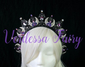 Moon Goddess crown. Stars and moon tiara. Gothic black, purple and silver crown tiara. Metal lace filigree crown. Dark Queen Halo Headpiece.