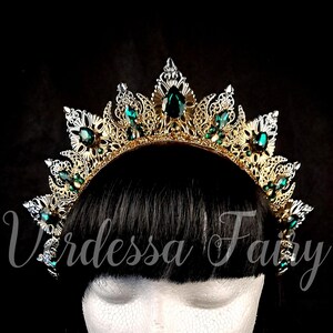 Two tone ombre silver / gold crown tiara. Metal lace emerald crown. Queen crown headpiece with emerald green rhinestones.
