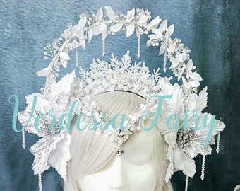 Snow Queen Winter goddess halo crown.  White pearls and snowflake crown. Winter wonderland headpiece.
