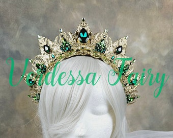 Gold and Emerald Green Celtic Queen crown. Gold Goddess headpiece. Gold filigree metal lace tiara. Gold and crystal wedding crown.