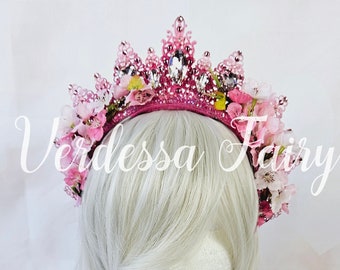 Barbie pink blossom crown. Pink metal lace crown. Pink ombre crown. Candy pink tiara. Pink hen's party headpiece.