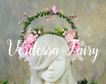 Pink fairy flower headpiece.  Pink Spring Goddess halo headpiece. Floral halo headdress. Pink flower crown with elevated halo.