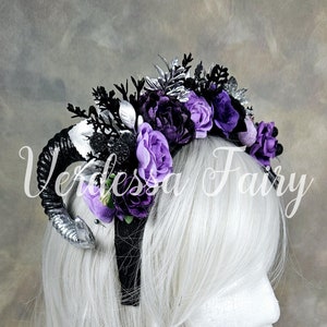 Black and Purple Mini Ram Horns headpiece, Purple Flower crown, Gothic fantasy headpiece, Gothic fairy crown with small horns.