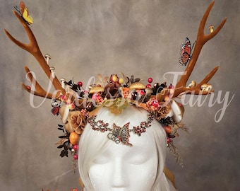 Large Deer Antler Headpiece: Autumn Fairy Woodland Forest Crown.