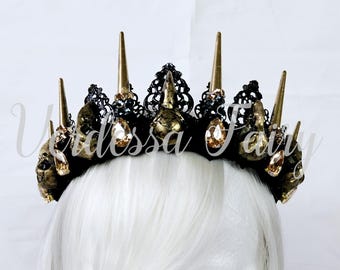 Gothic Crow Skull Spiked Crown: Black & Gold Tiara. Evil Queen crown.