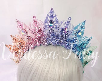 Pastel Rainbow crown tiara. Metal lace filigree crown. Rainbow Queen Headpiece. Jewel Queen Tiara. Fairy Princess crown.